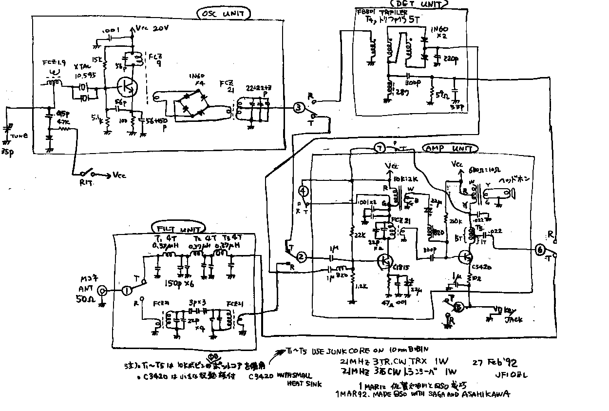 Schéma transceiver 3 transistors par JF1OZL